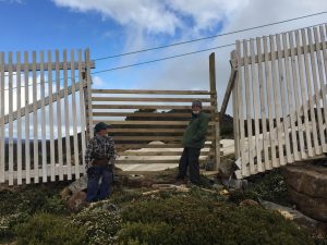 Adrian Brettingham-Moore and Fred Koolhof with new removable snow fence panel for Mawson run